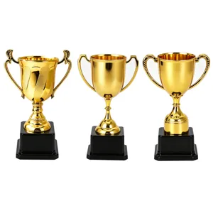 Gold trophy cups set with black base, ideal for awards, ceremonies and party decorations.