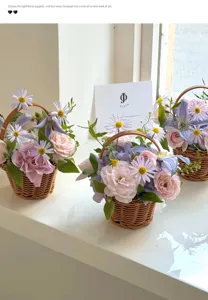 Handmade woven flower basket with fresh floral arrangement, cute decor for gifts.