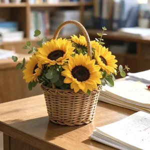 Handmade woven flower basket with sunflowers and eucalyptus for home decor and gifts.