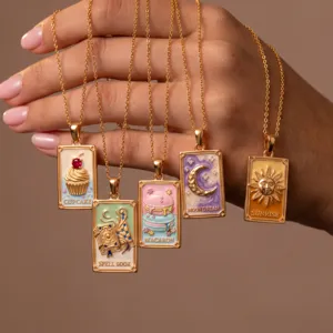 Stainless Steel Tarot Card Pendant Necklace Enamel Magic Book Macaron Moon Sun Cupcake Design Literary Casual Jewelry