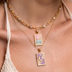 Layered gold stainless steel necklaces with macaron tarot card enamel pendants for women.