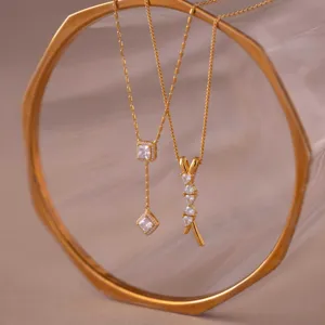 Minimalist Zircon Stainless Steel Y-Shaped Necklace Luxury Bow Pendant Jewelry for Women