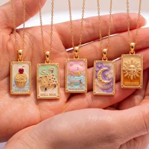 Stainless steel tarot card enamel necklace set featuring cute cupcake, sun and moon designs.
