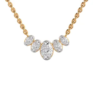 Closeup of a minimalist 5-stone oval bezel zircon gold chain necklace detail design.