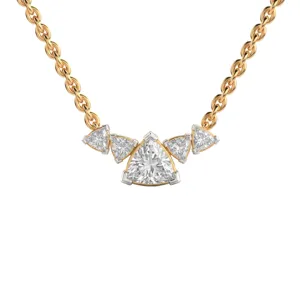 Close up view of the geometric trillion cut cubic zirconia necklace detail with dual tone chain.