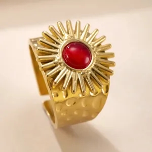 Vintage Edelstahl Sonnenblumen Offener Ring mit rotem Stein Damen Modeschmuck Geschenk