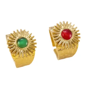 Vintage Edelstahl Sonnenblume offene Ringe mit grünen und roten Katzenauge Steinen Damen.