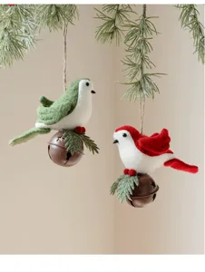 Christmas Tree Hanging Ornaments Plush Red Green Birds with Metal Bells and Pine Needles Decor