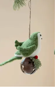 Christmas felt bird hanging ornament with metal bell pine needle decor for holiday tree tree