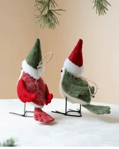 Felt Christmas bird ornaments with cone hats, hanging string and metal stands for festive decor.