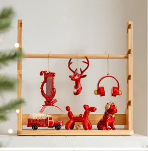 Red Christmas hanging ornaments set featuring cute deer, balloon dog, and mini truck decor.