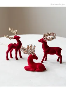 Christmas flocked deer figurine red velvet fawn ornaments festive desktop holiday decor