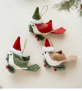 Felt Christmas bird ornaments detail, cute hanging decoration for holiday tree and party.