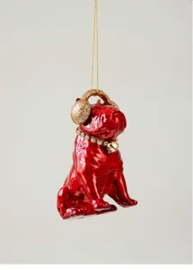 Red bulldog Christmas hanging ornament with glitter earmuffs and bell pendant for holiday tree.
