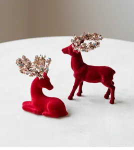 Christmas red flocked deer figurine set, cute sequin antlers table decor ornament.