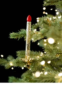 Vintage Glas Weihnachtsbaum Kerzen Ornament mit Champagner Glitzer Körper und roter Spitze.
