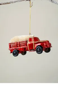 Red vintage truck Christmas ornament with tree hanging decor holiday festive details