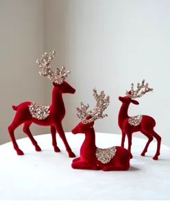 Red flocked Christmas reindeer figurines set desktop festive holiday home decor ornament
