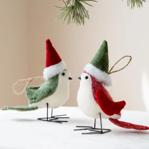 Christmas felt bird hanging ornaments with Santa hats for holiday home decor and party display.