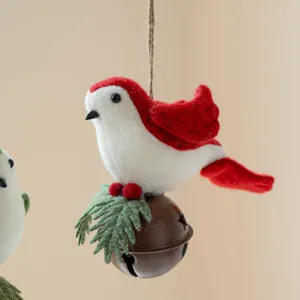Felt Red White Bird Christmas Tree Hanging Ornament with Jingle Bell and Pine Needle Decor