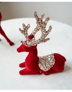 Christmas red flocked deer ornament glitter antlers tabletop holiday home decor decoration