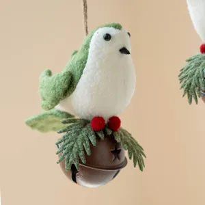 Felt bird Christmas tree hanging ornament with bell and pine needles red berries decoration