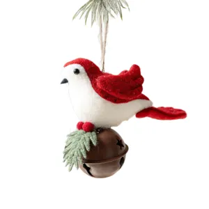 Christmas felt bird ornament with metal bell, red and white hanging holiday decor