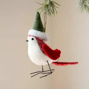 Christmas felt bird ornament with cute hat holiday hanging decoration for tree and home