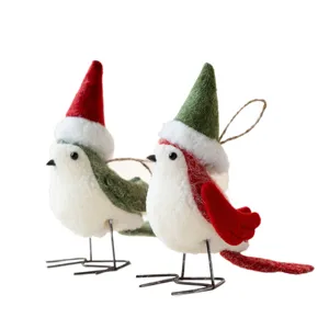 Christmas felt bird hanging ornaments set, cute holiday tree decorations with hats and wire legs.