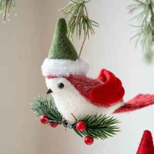 Christmas felt bird hanging ornament with green hat and red wings for holiday tree decor