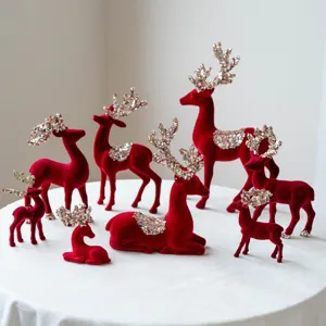 Christmas Reindeer Figurine Red Flocked Deer Ornament Glitter Sequin Desktop Decor Holiday Party Window Display Home Decoration