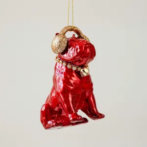 Red french bulldog christmas tree ornament with gold glitter earmuffs and bell collar decor.