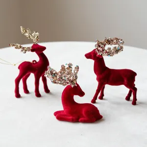 Christmas red velvet deer figurine set decorative tabletop holiday ornaments props