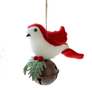 Christmas felt bird ornament with jingle bell red white hanging pendant for tree decor