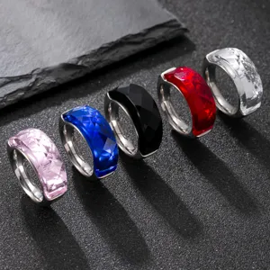 Stainless steel faceted zircon ring detail, elegant multi-color crystal rings for women.