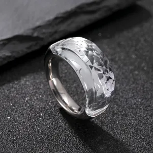 Stainless steel faceted cubic zirconia ring minimalist titanium steel ring for women detail view.
