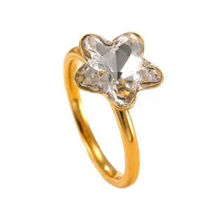 Anillo de circón pentagrama de acero inoxidable dorado, anillo estrella cristal moda.