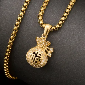 Stainless Steel Fortune Bag Pendant For Women High-end Luxurious Hollow Pave Rhinestone Good Luck Charm Gold Jewelry