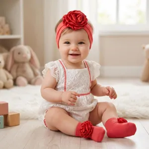 Set tre pezzi fascia con fiori neonata tutina e calzini accessori capelli graziosi