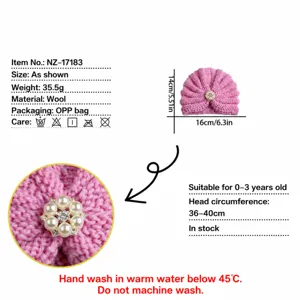 Infographic detail of solid color baby knitted turban hat with cute pearl brooch, soft and warm.