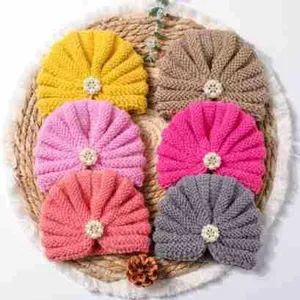 Cute baby knotted turban hat set, solid color knitted infant beanie with pearl bow detail.