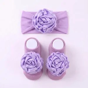 Set fascia e calzini antiscivolo con fiore viola per neonati, accessorio capelli.