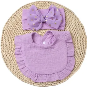 Set fascia e bavaglino neonato, fiocco viola cotone infante e bavaglino volant per bimbo.