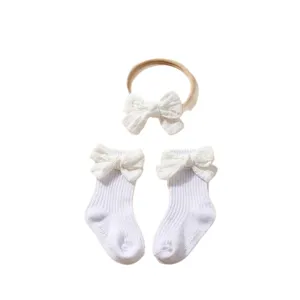 Infant bow headband and white ribbed socks set newborn baby hair accessories cute set