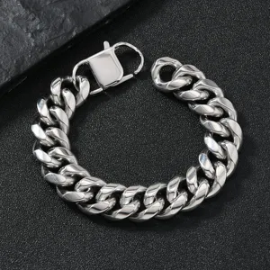 Men heavy stainless steel Cuban link bracelet punk hip hop metal chain jewelry detail