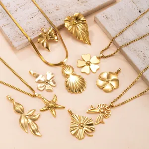 Gold titanium steel DIY jewelry pendants and necklaces set featuring elegant leaf and flower shapes.