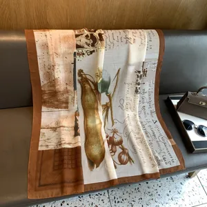 Vintage style large square silk feel scarf, elegant brown botanical print shawl wrap.