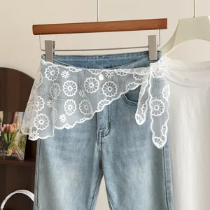Women denim pants with sweet white floral lace waist skirt extender layer chic stylish apparel.