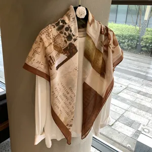 Women's Vintage Newspaper Print Silk Feel Square Scarf Lightweight Sun Protection Shawl Wrap Scarf Accessories