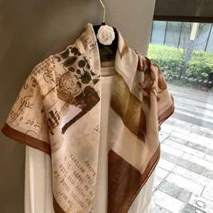 Women large square silk cotton scarf vintage newspaper print thin elegant shawl wrap.